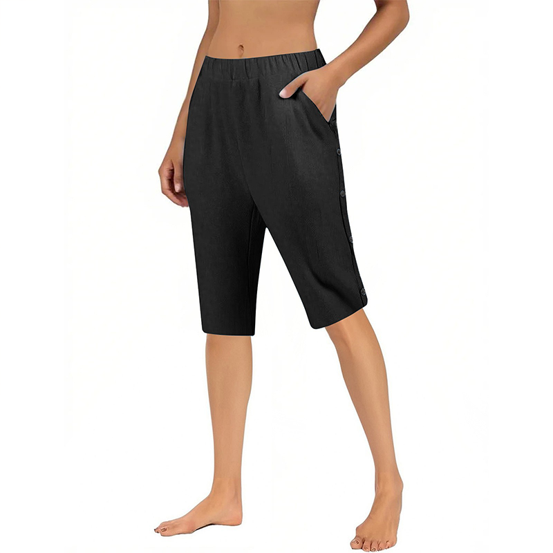 Pantaloni scurți casual din bumbac și in pentru femei-5