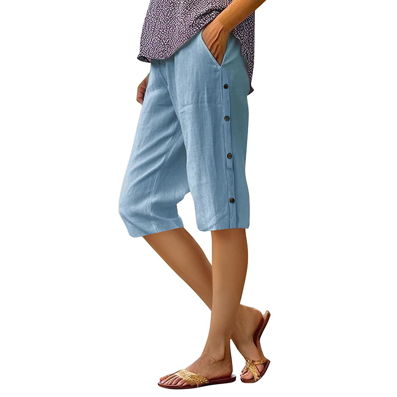 Pantaloni scurți casual din bumbac și in pentru femei-7
