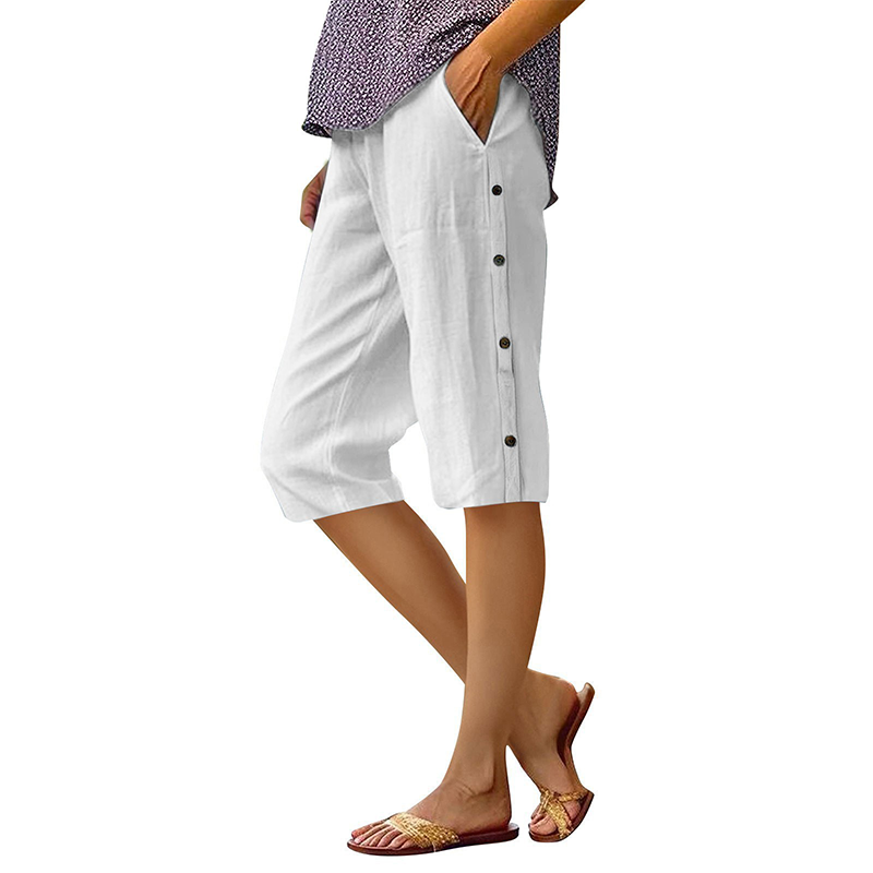 Pantaloni scurți casual din bumbac și in pentru femei-6