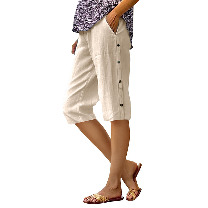 Pantaloni scurți casual din bumbac și in pentru femei-9