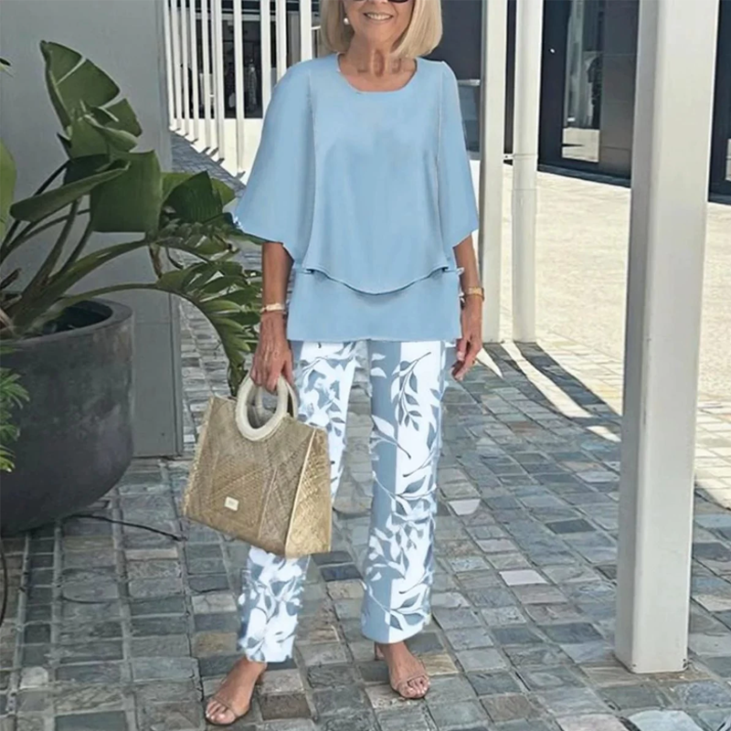 👗 Set pantaloni imprimați și top cu gât rotund-1