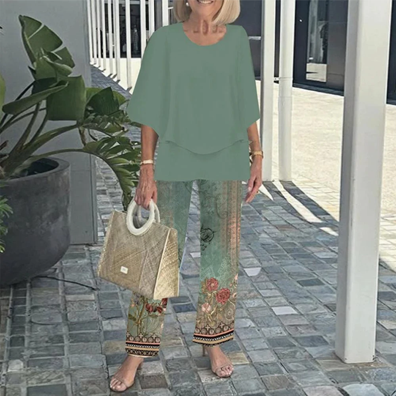 👗 Set pantaloni imprimați și top cu gât rotund-4