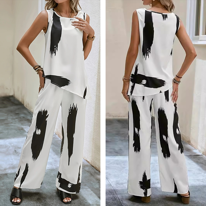 Top asimetric fără mâneci și set de pantaloni cu picioare largi-3