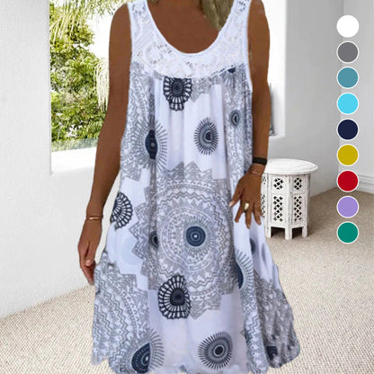 👗Rochie de Vară pentru Femei, Decolteu Rotund, Fără Mâneci, cu Imprimeu