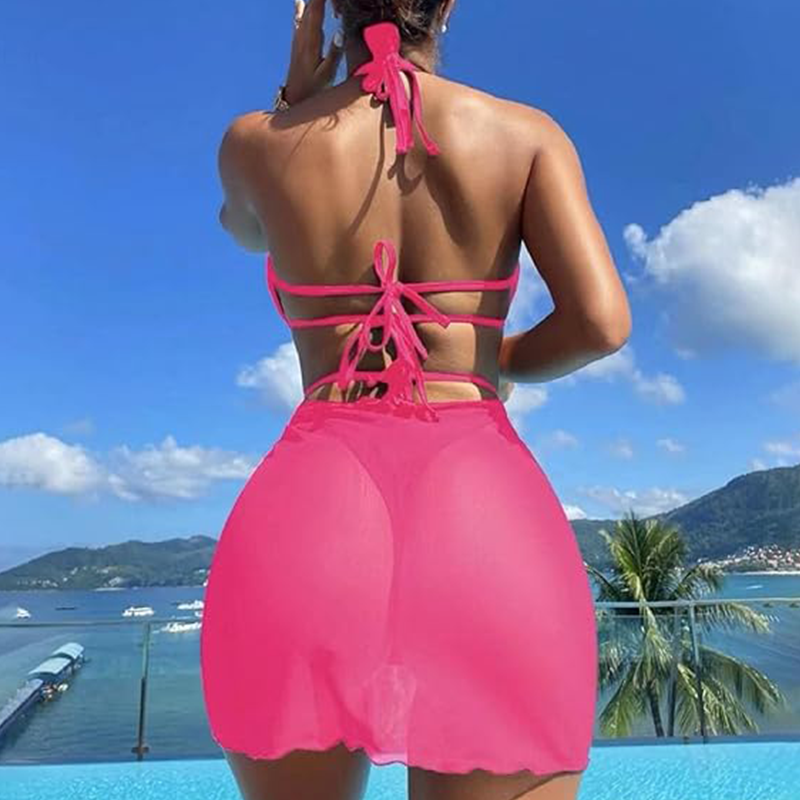 Culoare solidă Bikini trei piese fără spate-2