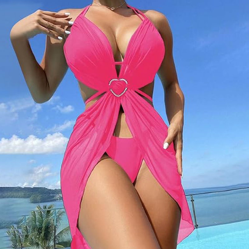 Culoare solidă Bikini trei piese fără spate-3