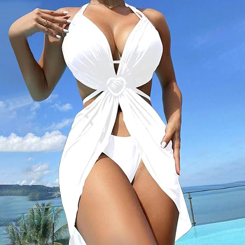 Culoare solidă Bikini trei piese fără spate-6
