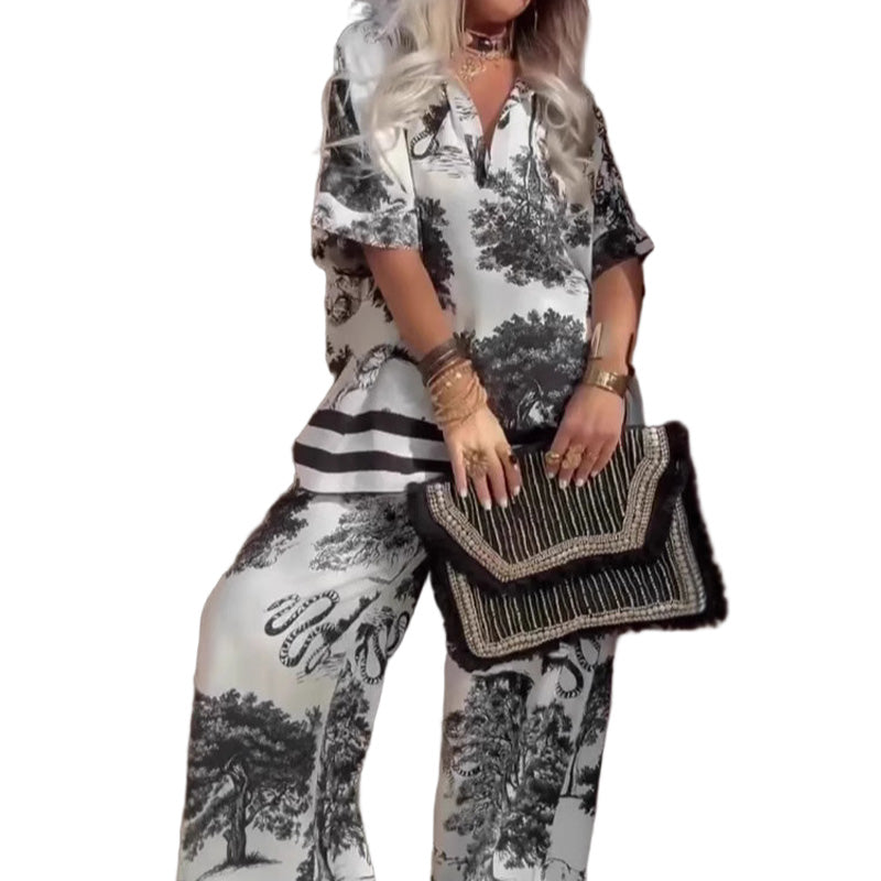 ✨ Set format din bluză cu imprimeu și guler în V + pantaloni lungi-2