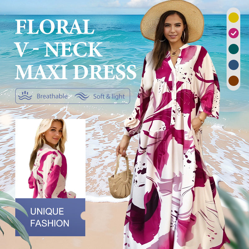 🌸Rochie maxi cu decolteu floral în V pentru femei