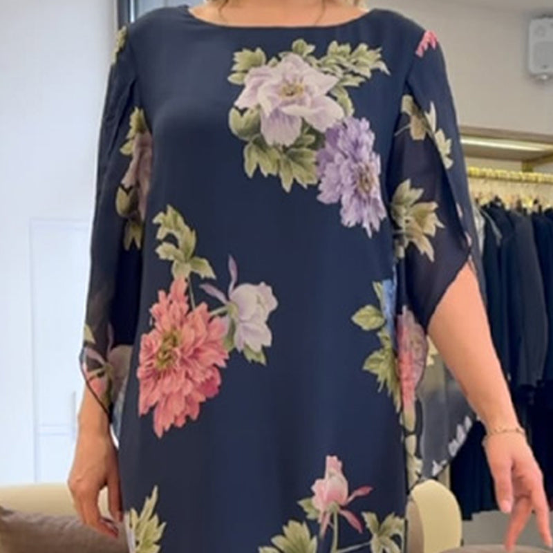 Rochie lungă elegantă, cu guler rotund și imprimeu-1