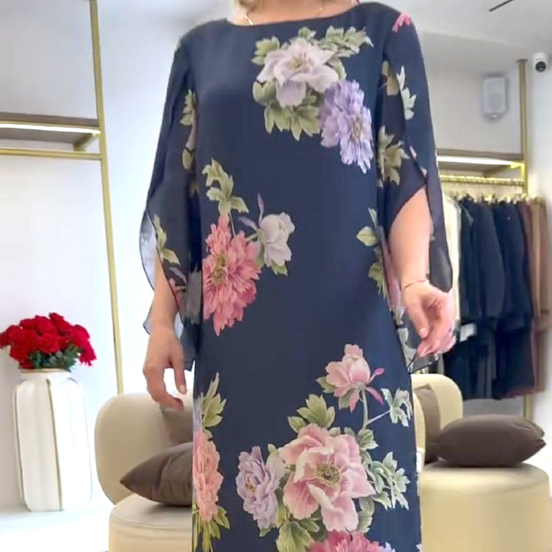 Rochie lungă elegantă, cu guler rotund și imprimeu-2