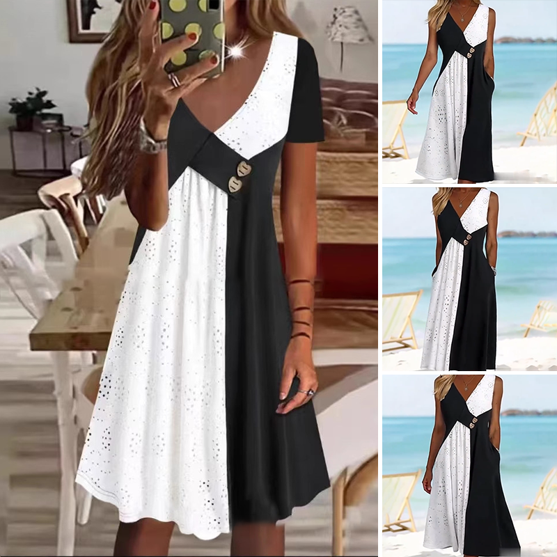💃 Rochii elegante pentru femei cu patchwork cu decolteu în V-1