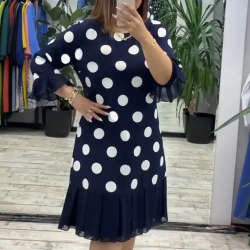 Rochie plisată cu imprimeu patchwork și buline pentru femei-1