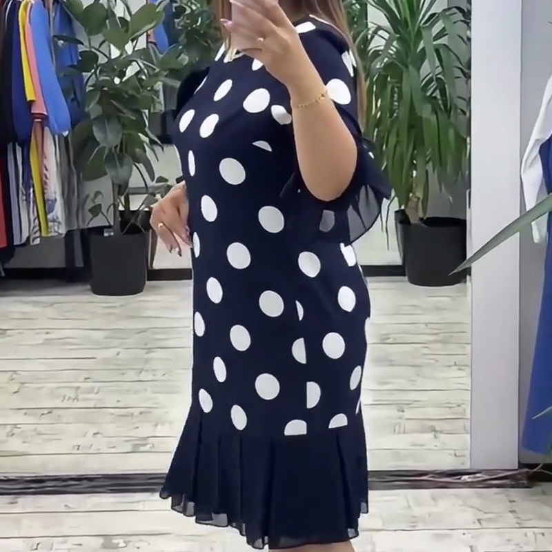 Rochie plisată cu imprimeu patchwork și buline pentru femei-3