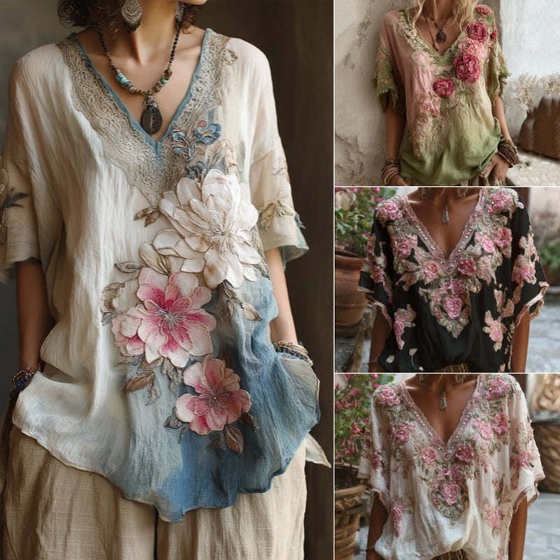 Bluză cu guler în V și broderie florală