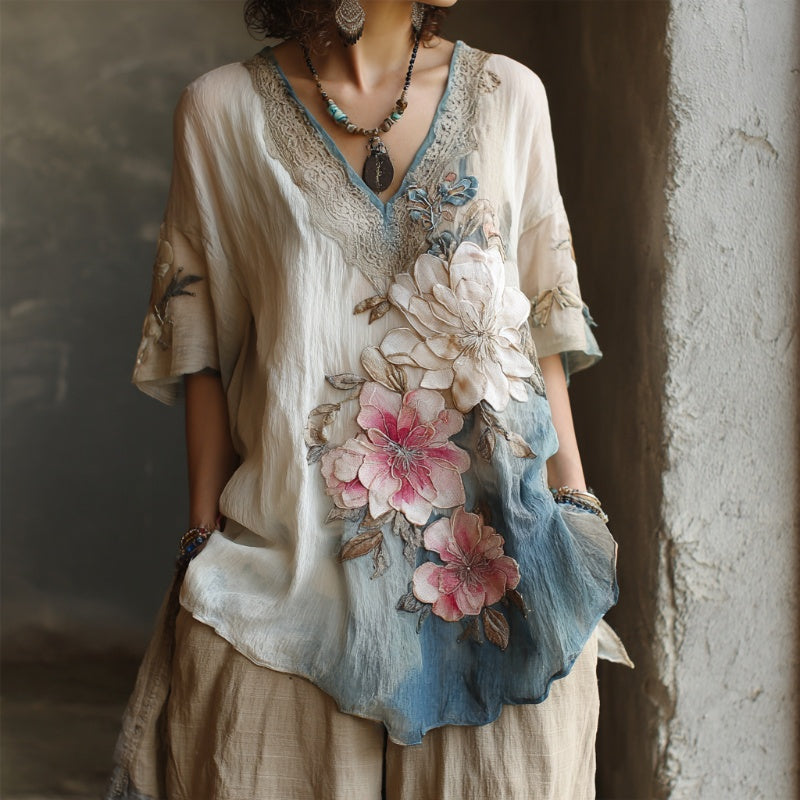 Bluză cu guler în V și broderie florală-3