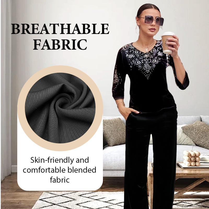 💞Set top și pantaloni din catifea cu strasuri pentru femei-3