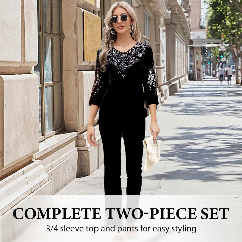 💞Set top și pantaloni din catifea cu strasuri pentru femei-4