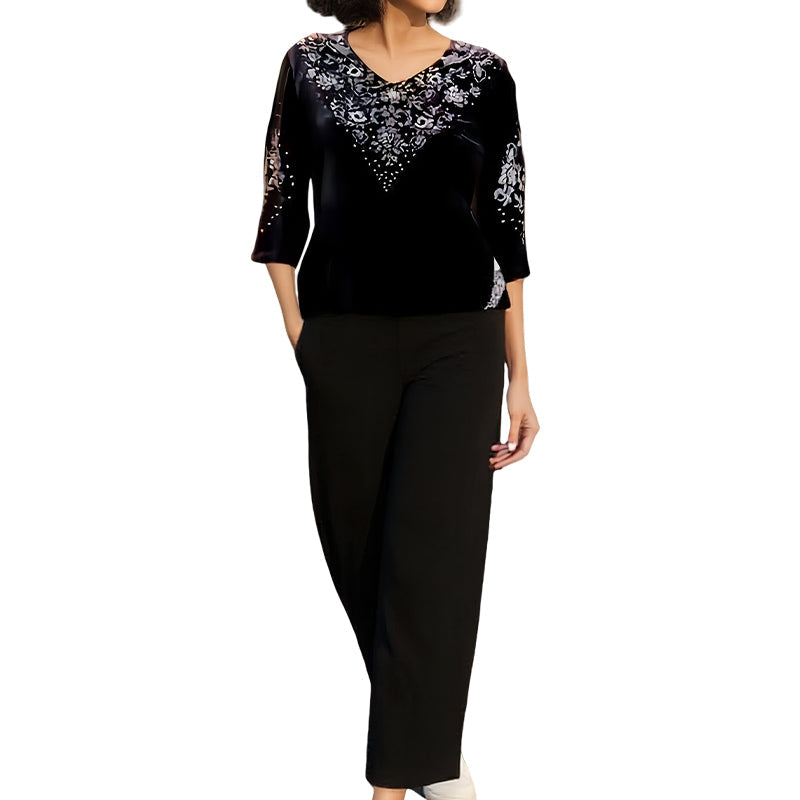 💞Set top și pantaloni din catifea cu strasuri pentru femei-8
