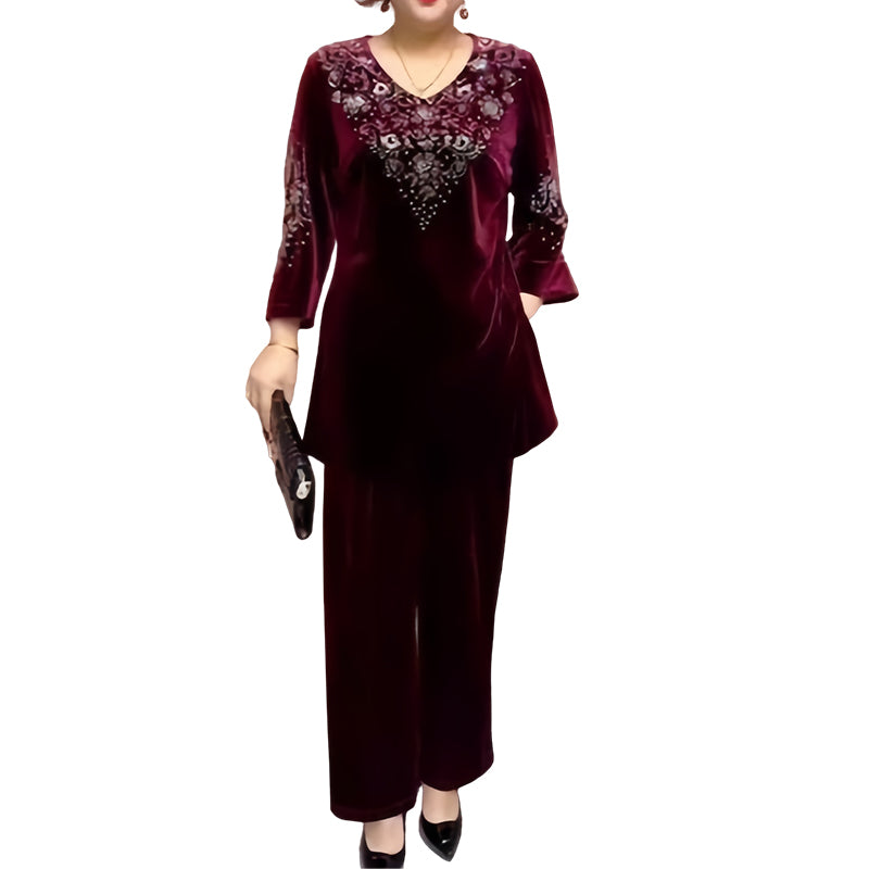 💞Set top și pantaloni din catifea cu strasuri pentru femei-9