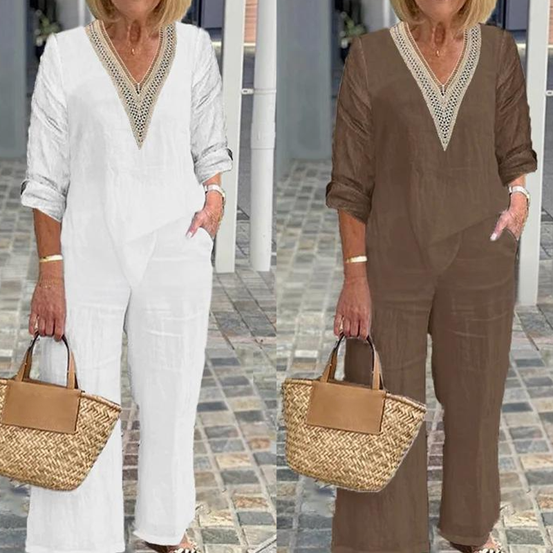 【S-3XL】✨Top cu decolteu în V și pantaloni cu picior lat pentru femei-8