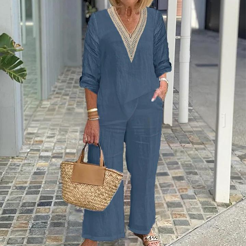 【S-3XL】✨Top cu decolteu în V și pantaloni cu picior lat pentru femei-12