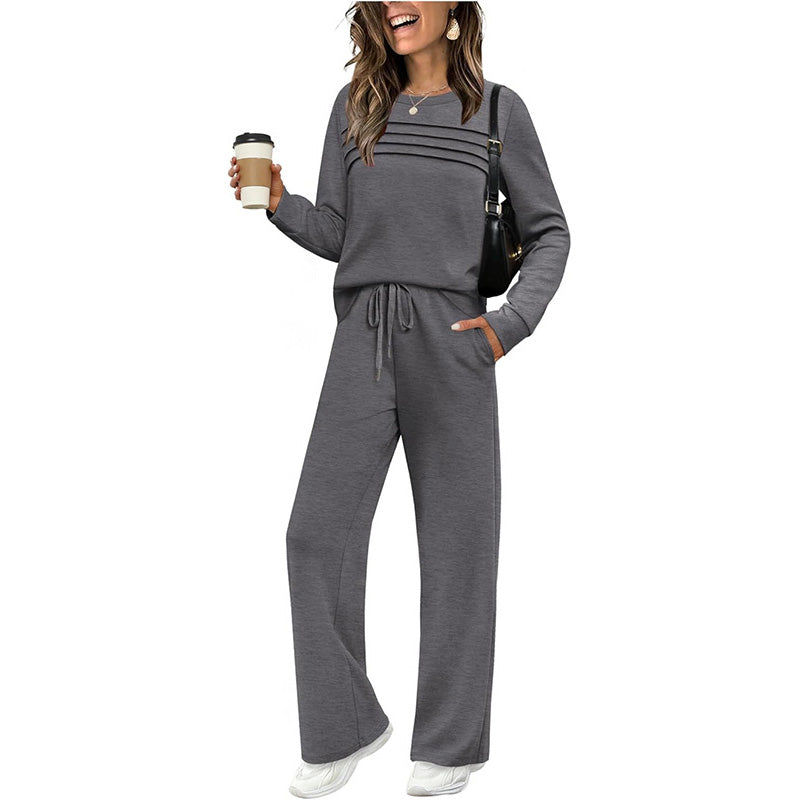 👖 🔥💓Damen-Set mit Rundhalsausschnitt-Oberteil und Hose mit Kordelzug💯