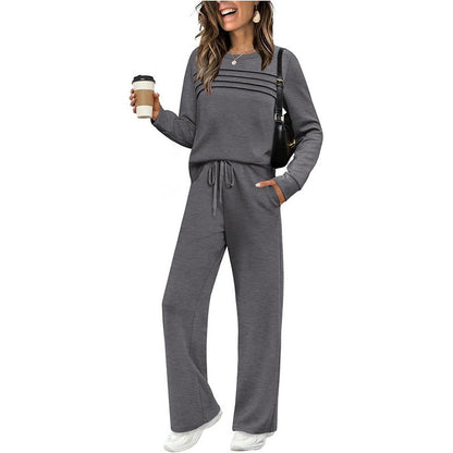 👖 🔥💓Damen-Set mit Rundhalsausschnitt-Oberteil und Hose mit Kordelzug💯