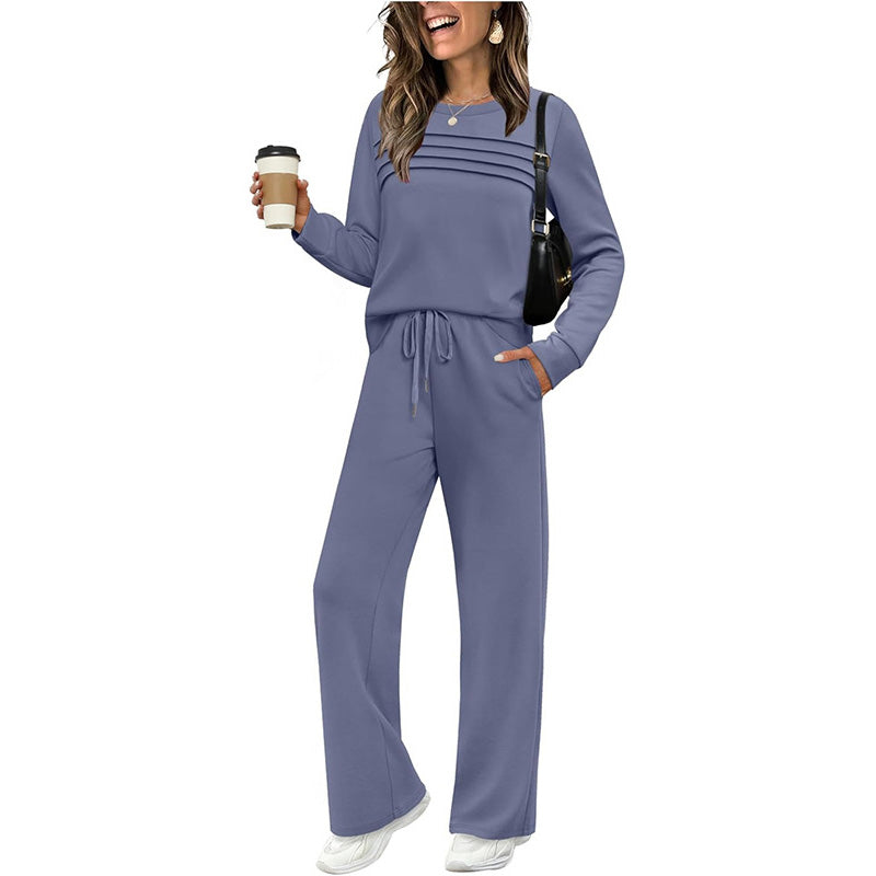 👖 🔥💓Damen-Set mit Rundhalsausschnitt-Oberteil und Hose mit Kordelzug💯