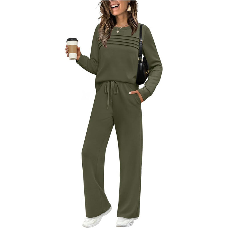 👖 🔥💓Damen-Set mit Rundhalsausschnitt-Oberteil und Hose mit Kordelzug💯
