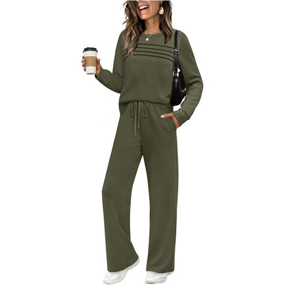 👖 🔥💓Damen-Set mit Rundhalsausschnitt-Oberteil und Hose mit Kordelzug💯