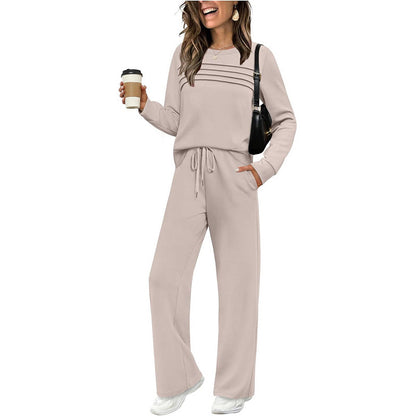 👖 🔥💓Damen-Set mit Rundhalsausschnitt-Oberteil und Hose mit Kordelzug💯