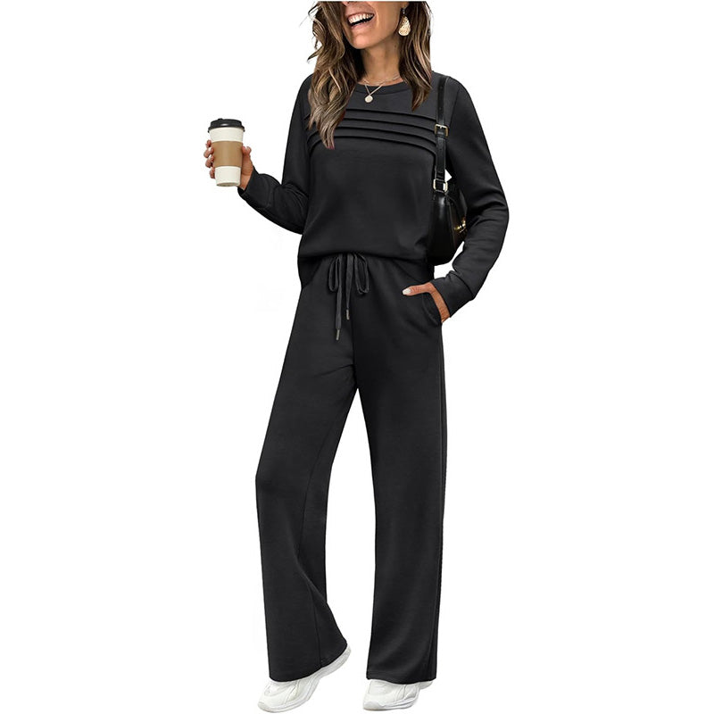 👖 🔥💓Damen-Set mit Rundhalsausschnitt-Oberteil und Hose mit Kordelzug💯