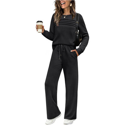 👖 🔥💓Damen-Set mit Rundhalsausschnitt-Oberteil und Hose mit Kordelzug💯