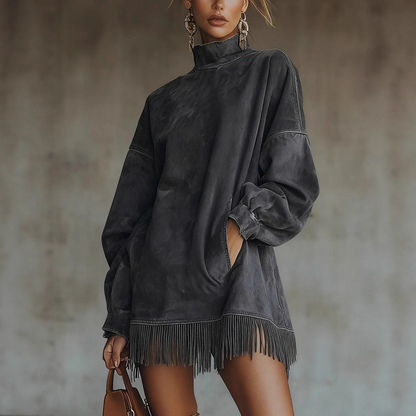 📢📢50%Rabatt!!!👗✨ Jetzt im Trend –Casual Turtleneck Pocket Dress with Tassel Hem