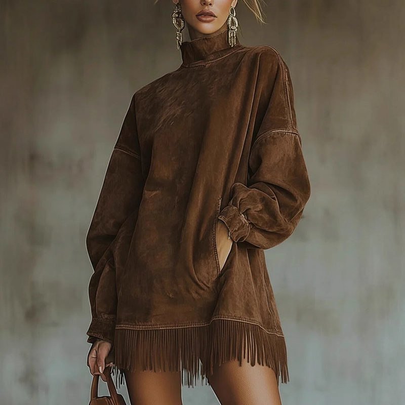 📢📢50%Rabatt!!!👗✨ Jetzt im Trend –Casual Turtleneck Pocket Dress with Tassel Hem