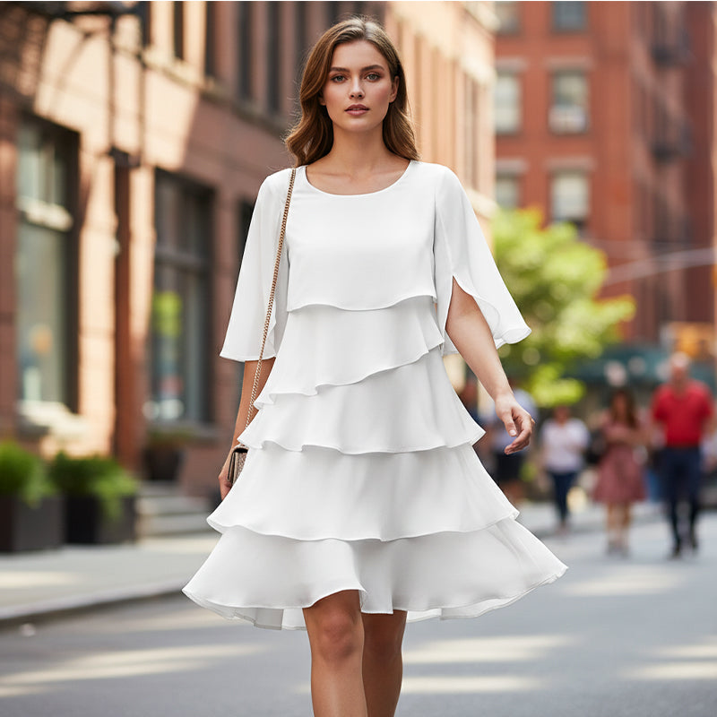 Rochie elegantă pentru femei, cu mâneci cu volane suprapuse-10