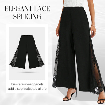 Ženske široke hlače s cvetlično čipko in visokim pasom