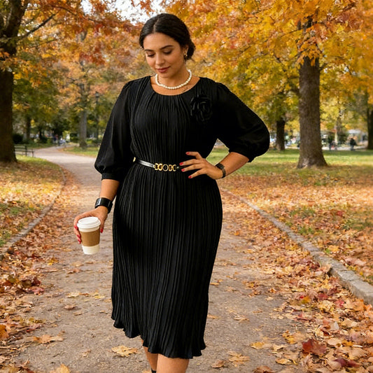 Dámske midi šaty s 3/4 rukávmi, plisované, s opaskom