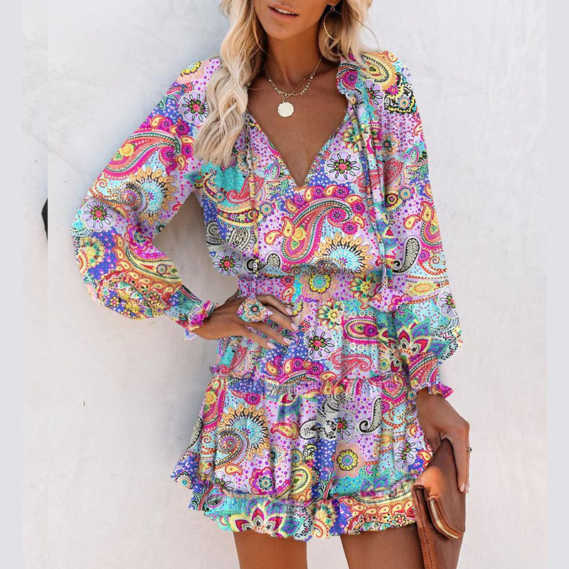 Rochie mini cu decolteu în V, mâneci lungi și volane la tiv, pentru femei-1