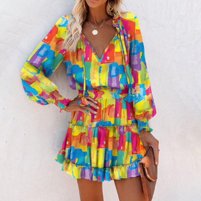 Rochie mini cu decolteu în V, mâneci lungi și volane la tiv, pentru femei-3