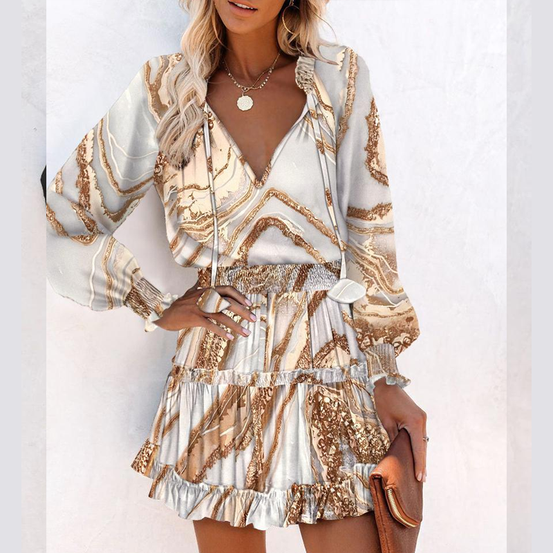Rochie mini cu decolteu în V, mâneci lungi și volane la tiv, pentru femei-4