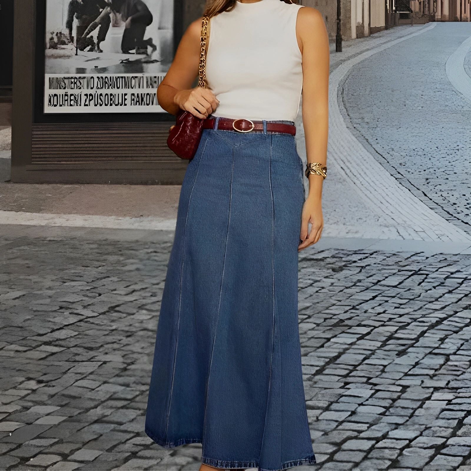 Fustă lungă din denim pentru femei-5