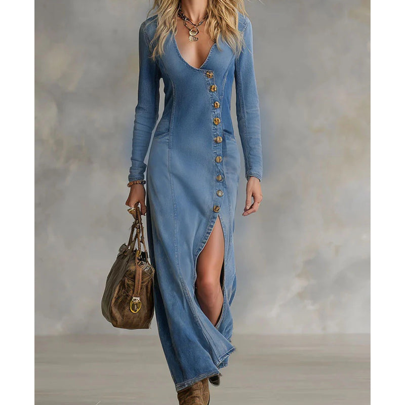👗Esențiale de modă: 60% reducere pentru o perioadă limitată🔥 Women's Long Sleeve V-Neck Maxi Dress – Soft Fabric, Bodycon Fit & Elegant High Slit 💫💃-7