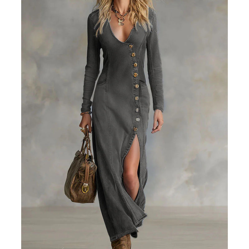 👗Esențiale de modă: 60% reducere pentru o perioadă limitată🔥 Women's Long Sleeve V-Neck Maxi Dress – Soft Fabric, Bodycon Fit & Elegant High Slit 💫💃-8