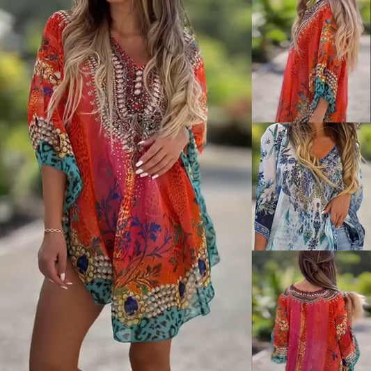 Dámske voľné asymetrické šaty s výstrihom do V