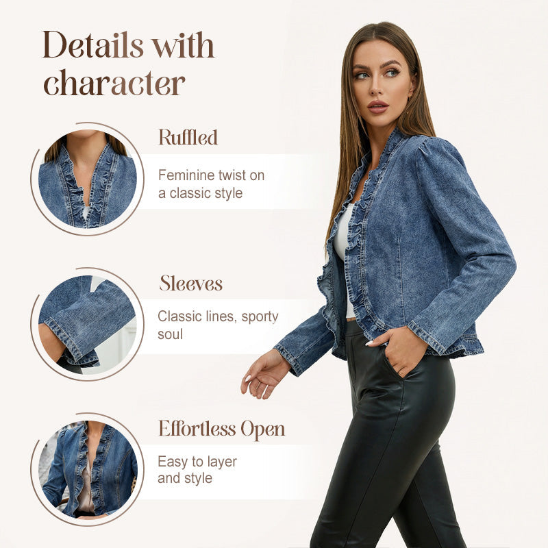 🎁Noutăți cu 50% reducere💥Jachetă din denim pentru femei, cu volane și deschidere în față-3