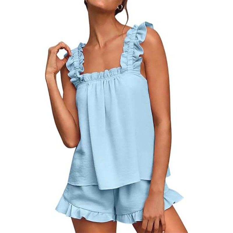 🌴Set de pijamale moale și confortabil, cu volane💗-5