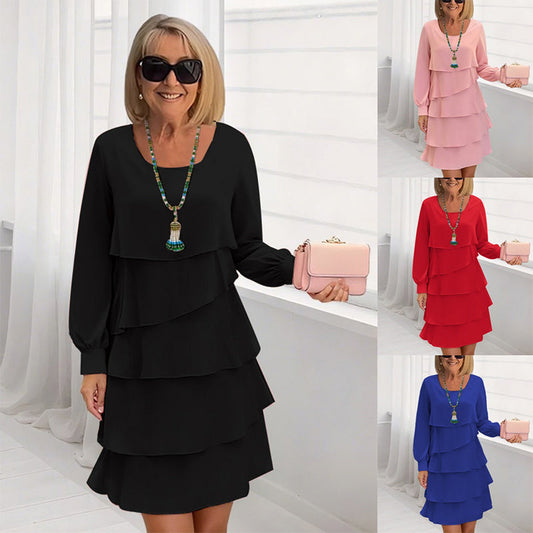 Dámske vrstvené šaty s volánmi a dlhými rukávmi