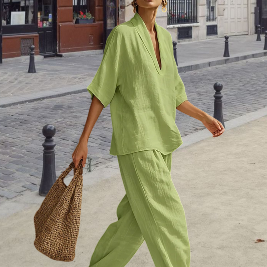 Dvojdielna súprava pre ženy z ľanovej bavlny s výstrihom do V